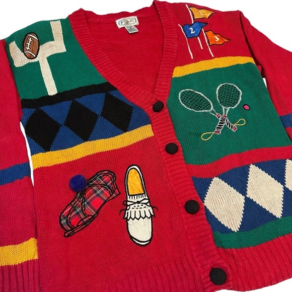 P. Galli Designs Sweaters - Vintage P. Galli Sports Theme Cardigan Sweater Women's S Colorful Novelty‎ Knit